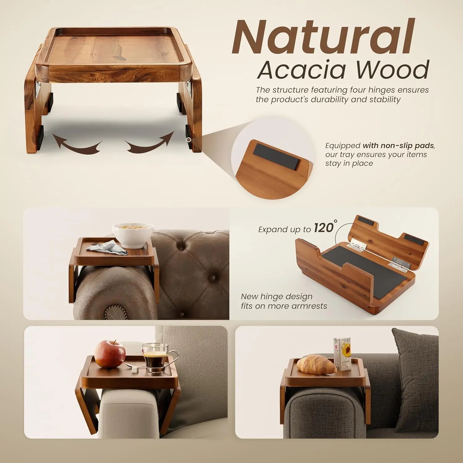 Acacia Wood Sofa Armrest Tray Table – Foldable Couch Clip-On Tray for Drinks & Snacks