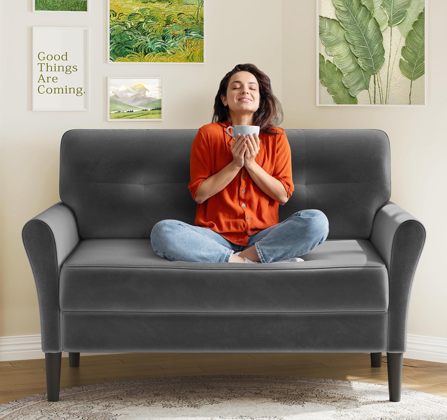 small Sofa Couch, 48" Loveseat Sofa, Soft Velvet Love Seat Couches, Small Couch for Bedroom with 21" Deep Seat, Comfy Couches for Living Room, Tool-Free Setup Sofas for Living Room, Grey