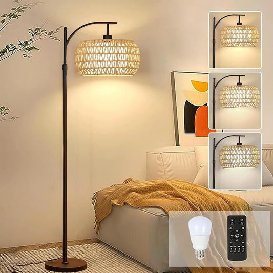 Boho Arc Floor Lamp with Remote – Dimmable LED Rattan Standing Lamp with 3 Color Settings