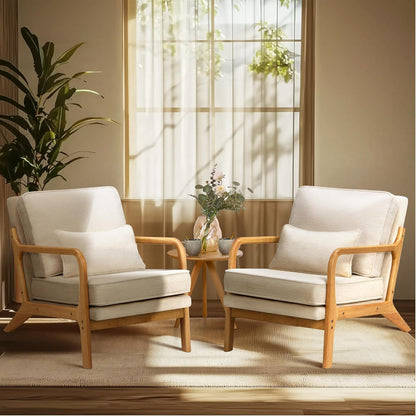 Mid Century Modern Accent Chair Set of 2 – Wood Frame Armchairs with Lumbar Pillow, Beige