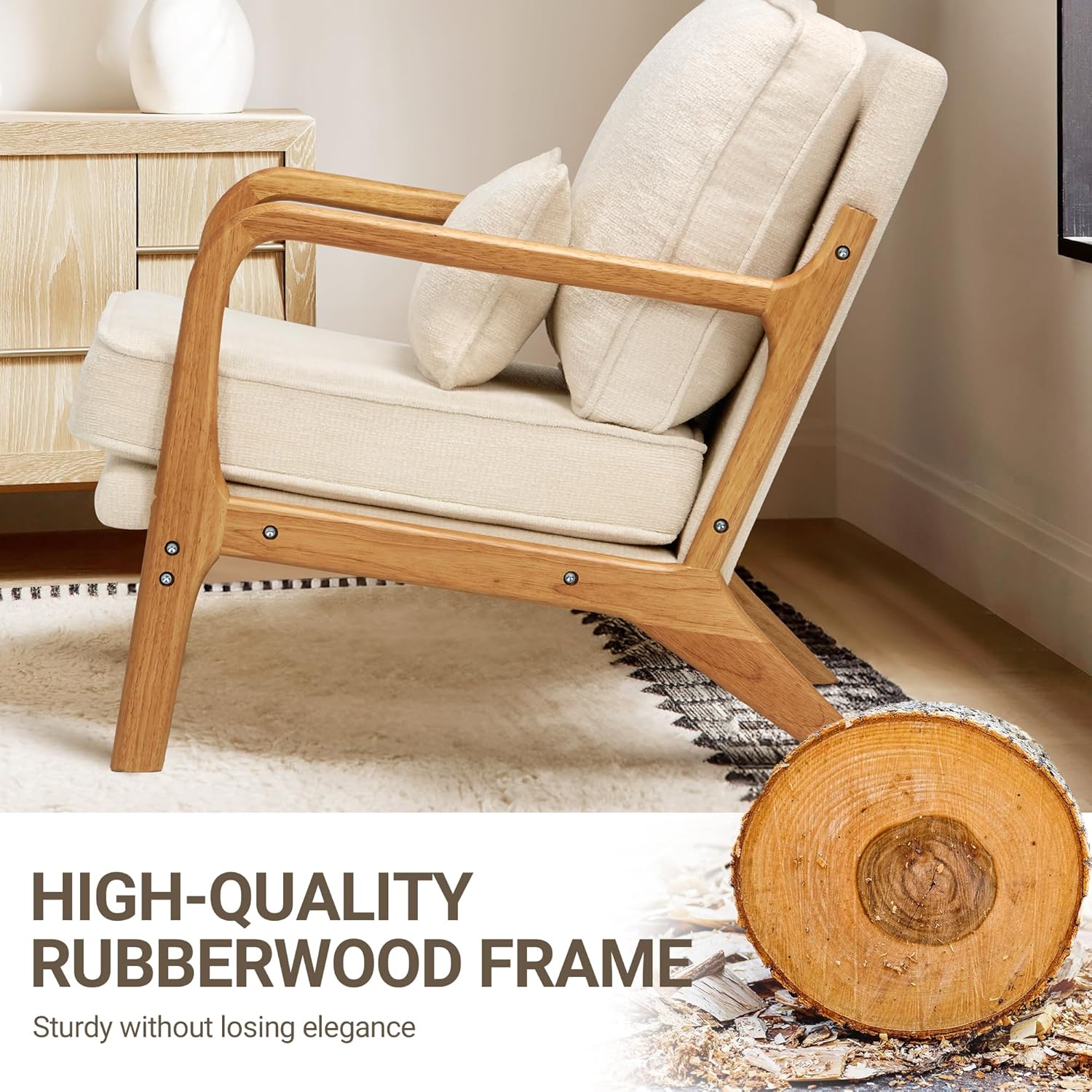 Mid Century Modern Accent Chair Set of 2 – Wood Frame Armchairs with Lumbar Pillow, Beige