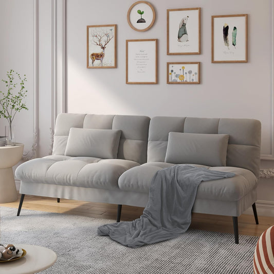 Convertible Futon Sofa Bed 68" – Adjustable Reclining Sleeper Couch for Living Room, Grey