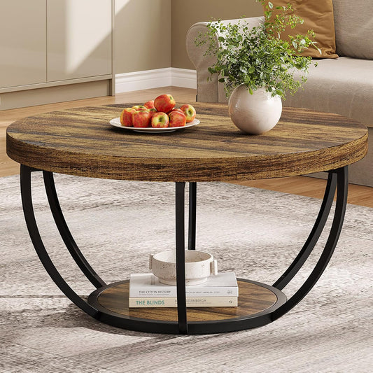 Round Coffee Table 31.7" – 2-Tier Wooden Circle Table with Storage Shelves, Rustic Brown Modern Accent for Living Room