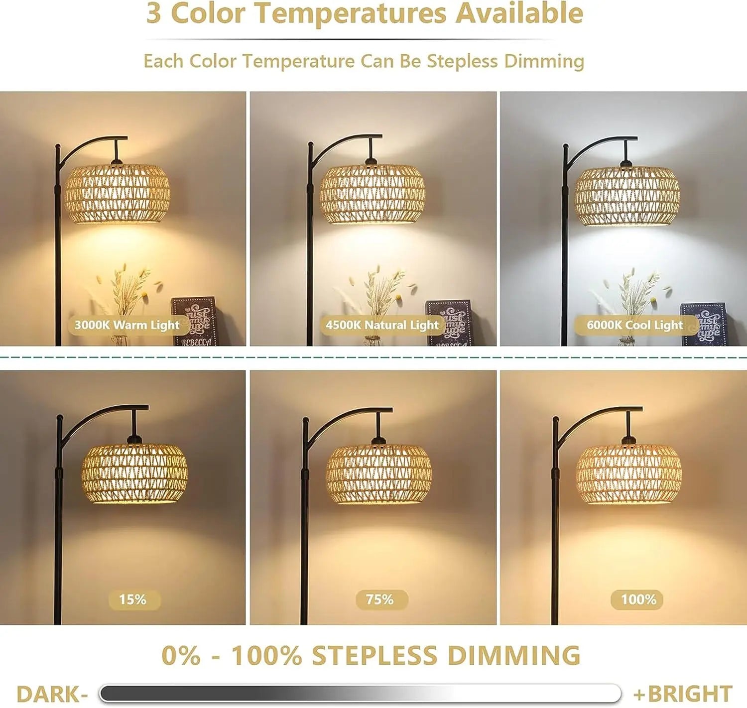 Boho Arc Floor Lamp with Remote – Dimmable LED Rattan Standing Lamp with 3 Color Settings