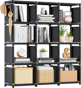 12-Cube DIY Modular Bookcase – Tall Metal & Fabric Storage Organizer