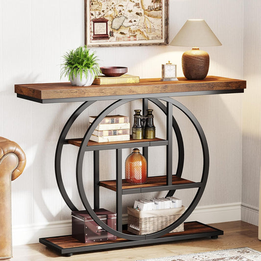 41.3" Industrial Console Table – 4-Tier Narrow Entryway Table with Circle Base, Rustic Brown