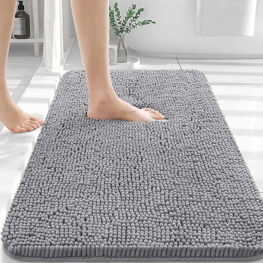 Grey Chenille Bathroom Rug 30x20 – Extra Soft, Absorbent, Quick-Dry, Non-Slip Mat for Tub & Shower