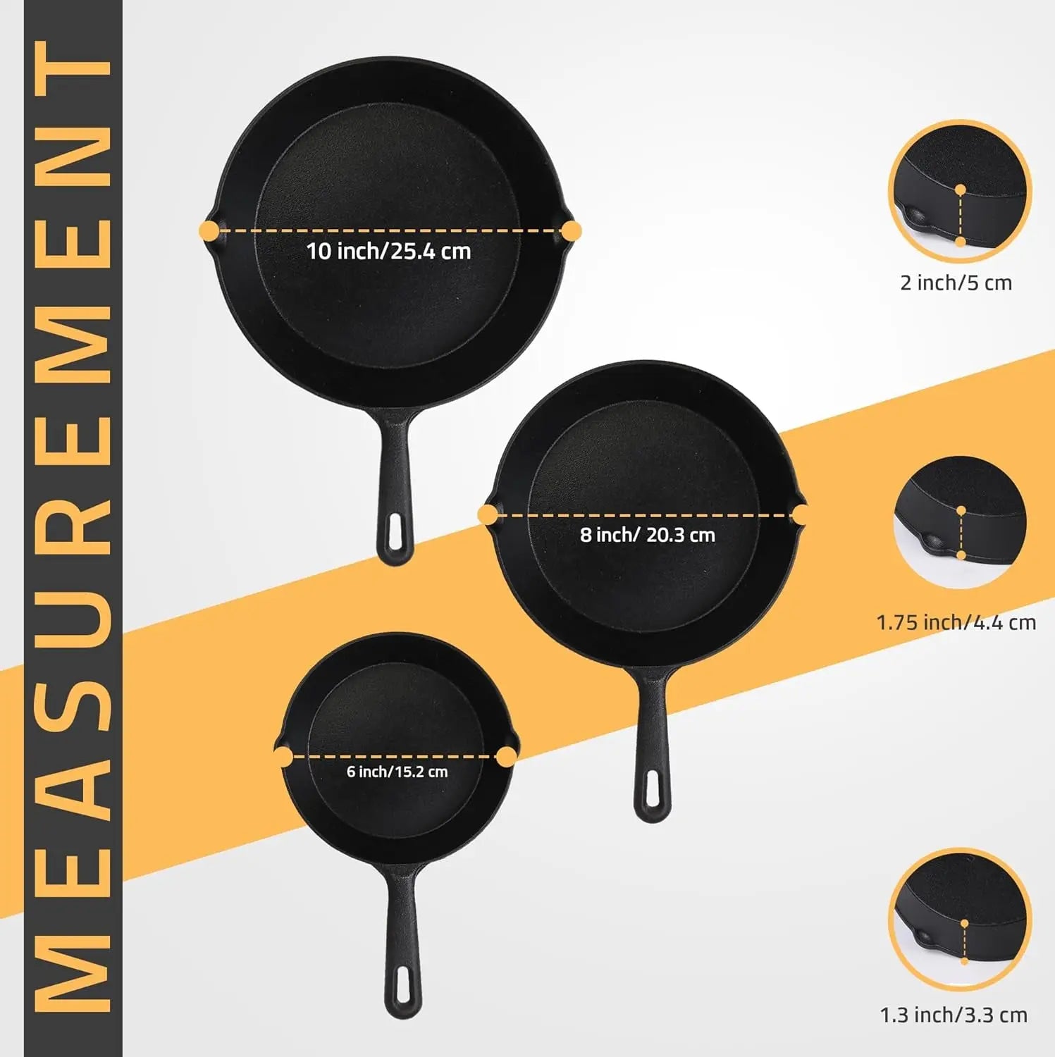 3-Piece Cast Iron Skillet Set – Pre-Seasoned Frying Pans (6", 8", 10") for Stove, Oven & Grill