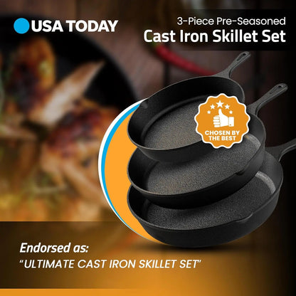 3-Piece Cast Iron Skillet Set – Pre-Seasoned Frying Pans (6", 8", 10") for Stove, Oven & Grill